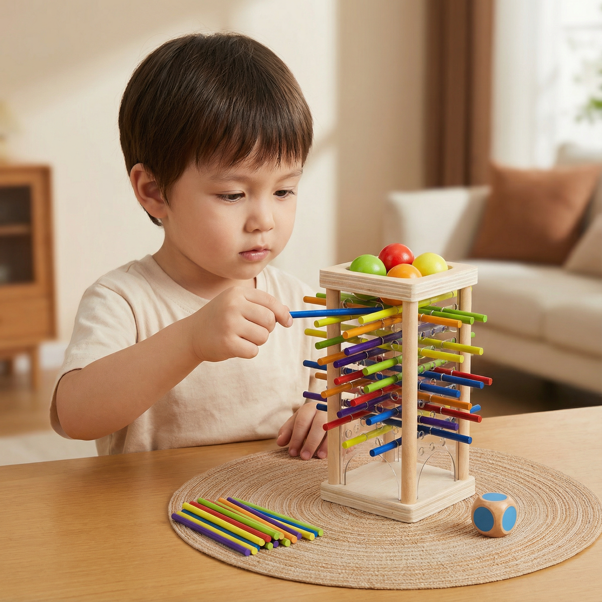 Wooden Stick Game with Colored Balls and Three Play Modes