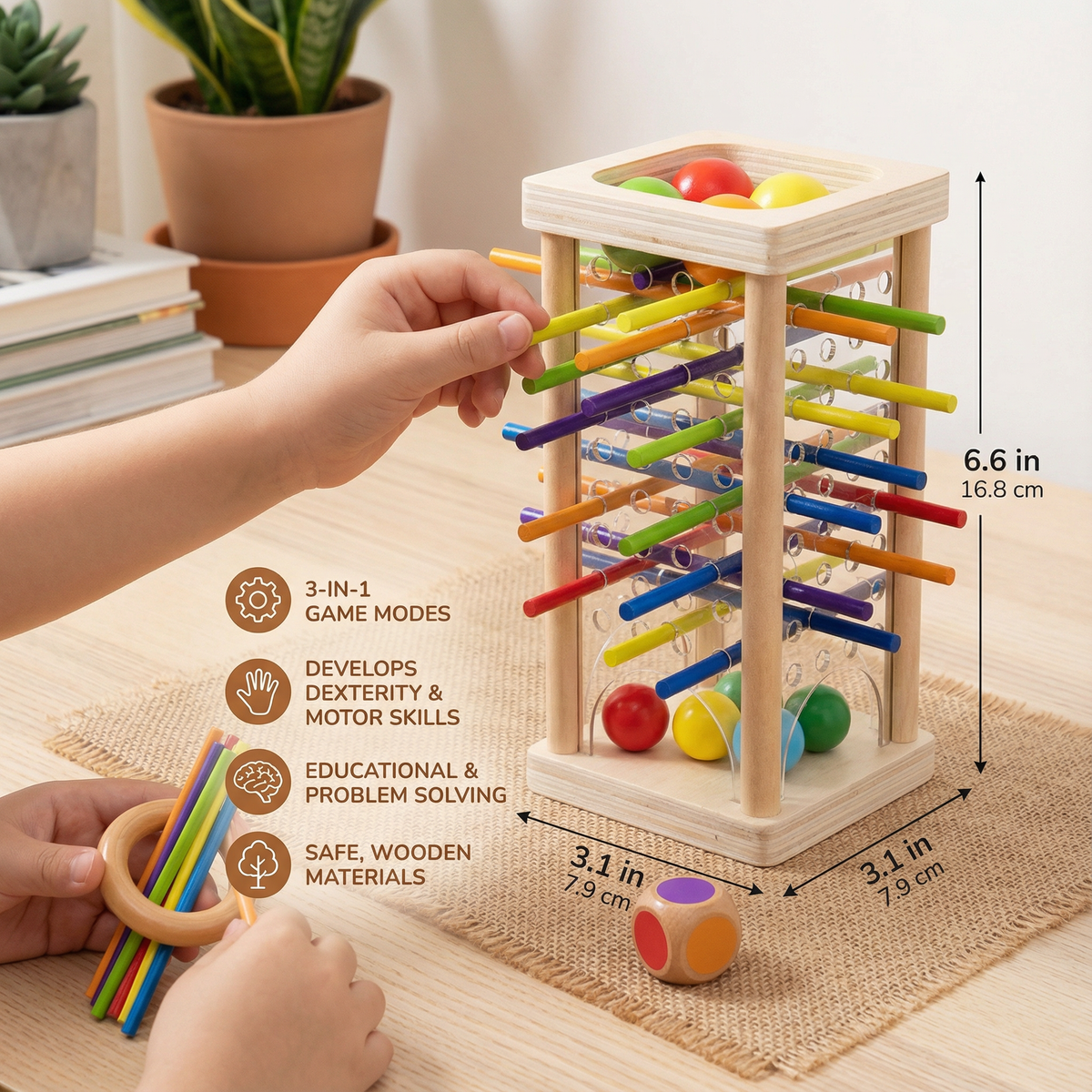 Wooden Stick Game with Colored Balls and Three Play Modes