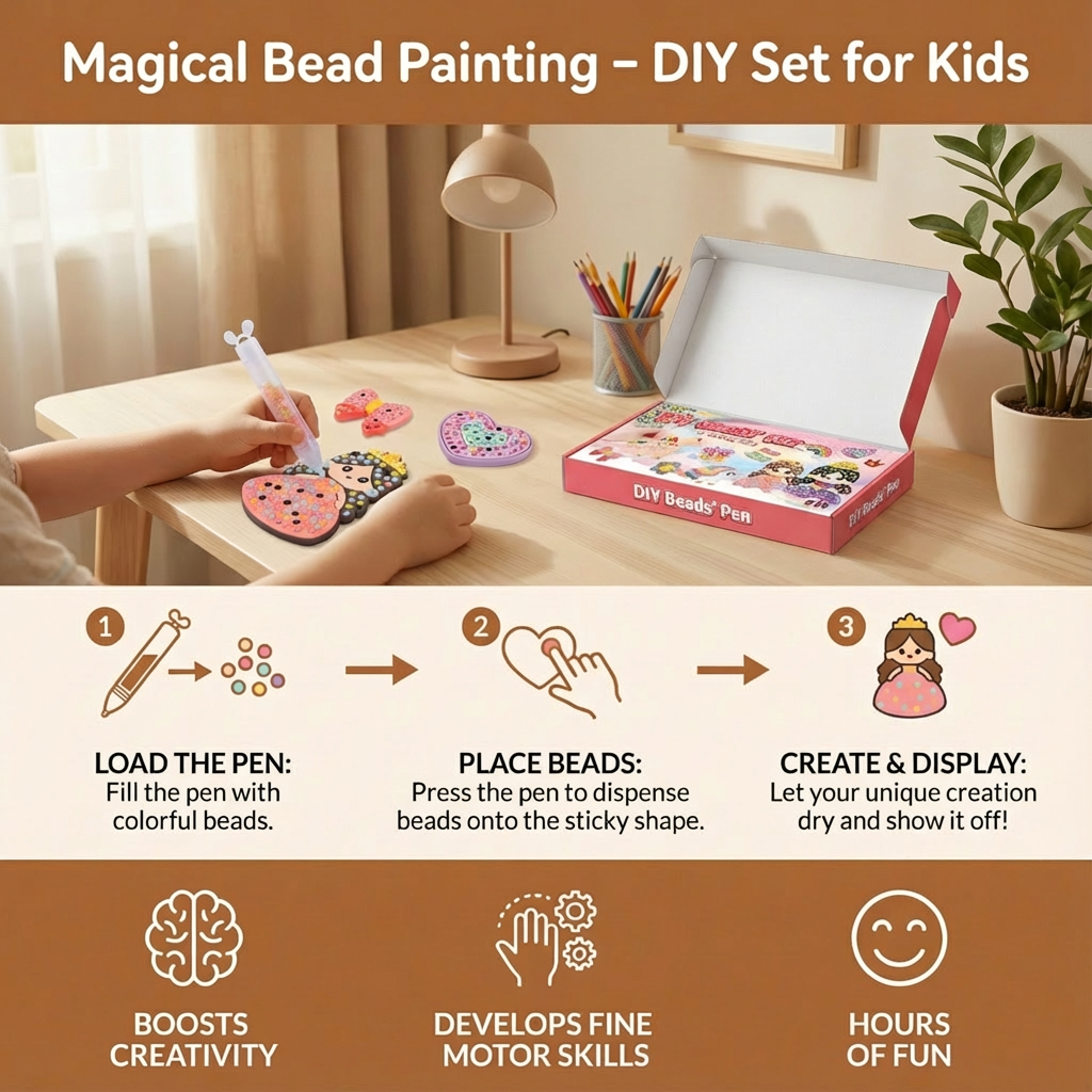 Bead Painting Kit with Multiple Design Templates and Step-by-Step Instructions for Kids