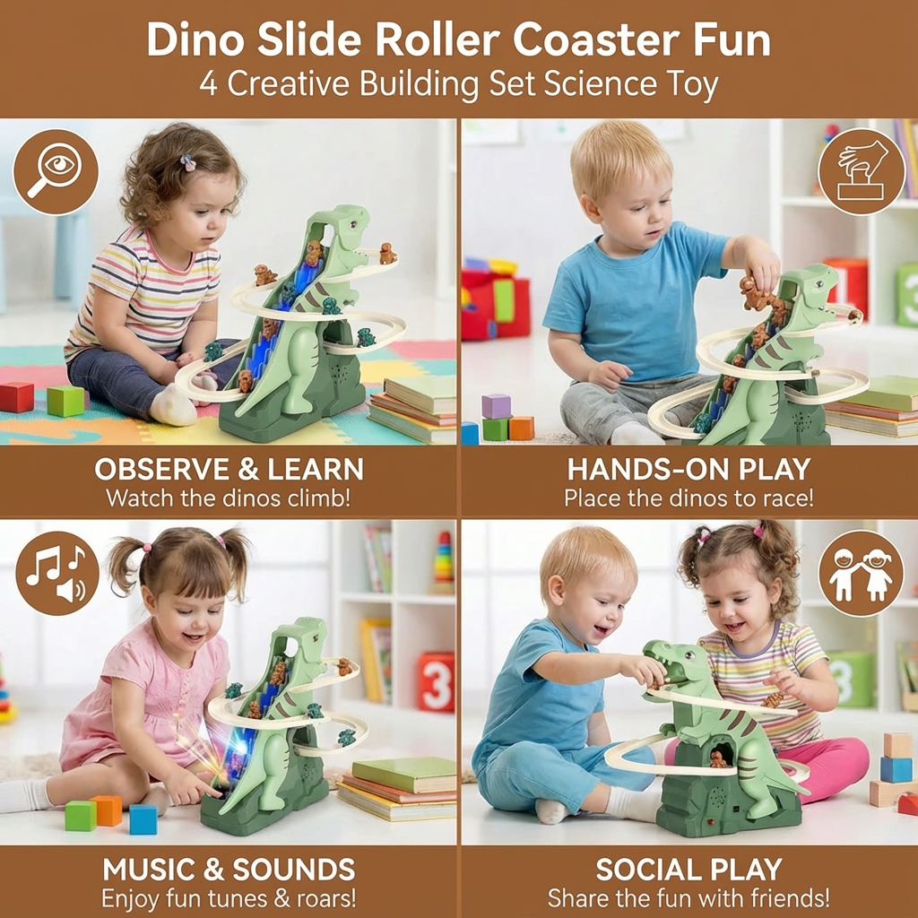Dinosaur Climbing Slide with Curved Track for Kids Active Play