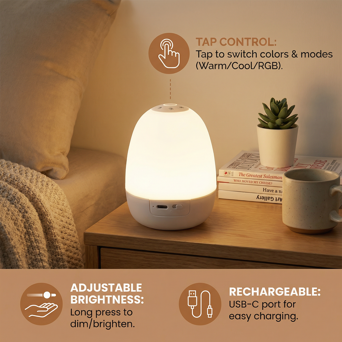 Silicone Night Light with Touch Control and Adjustable Brightness, Rechargeable Battery