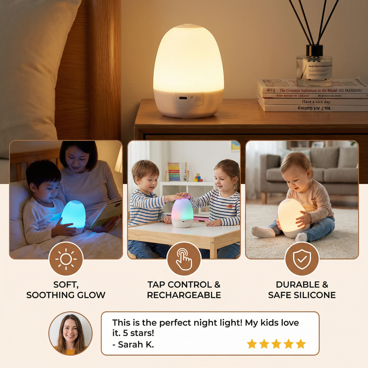 Silicone Night Light with Touch Control and Adjustable Brightness, Rechargeable Battery