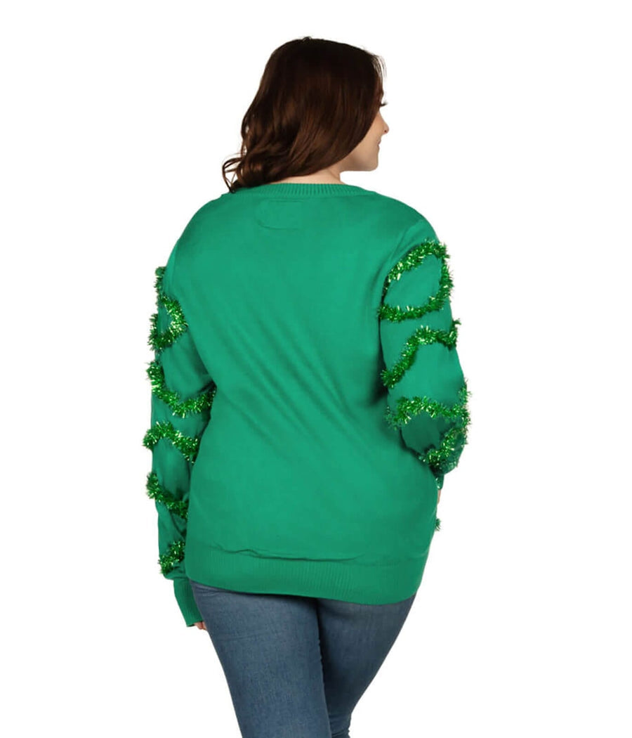 Womens Plus Size Green Christmas Tree Cardigan with Bulbs, Tinsel, and Buttons