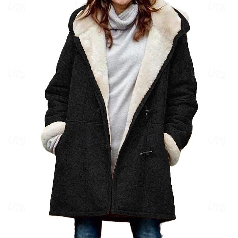 Button Front Hooded Winter Coat with Adjustable Hood and Insulated Fabric