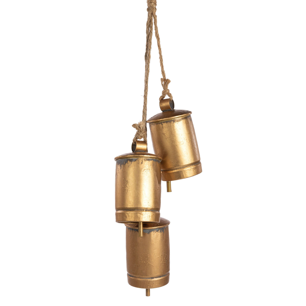 Rustic Hanging Brass Barrel Bells with Jute Rope Cluster for Holiday Decor