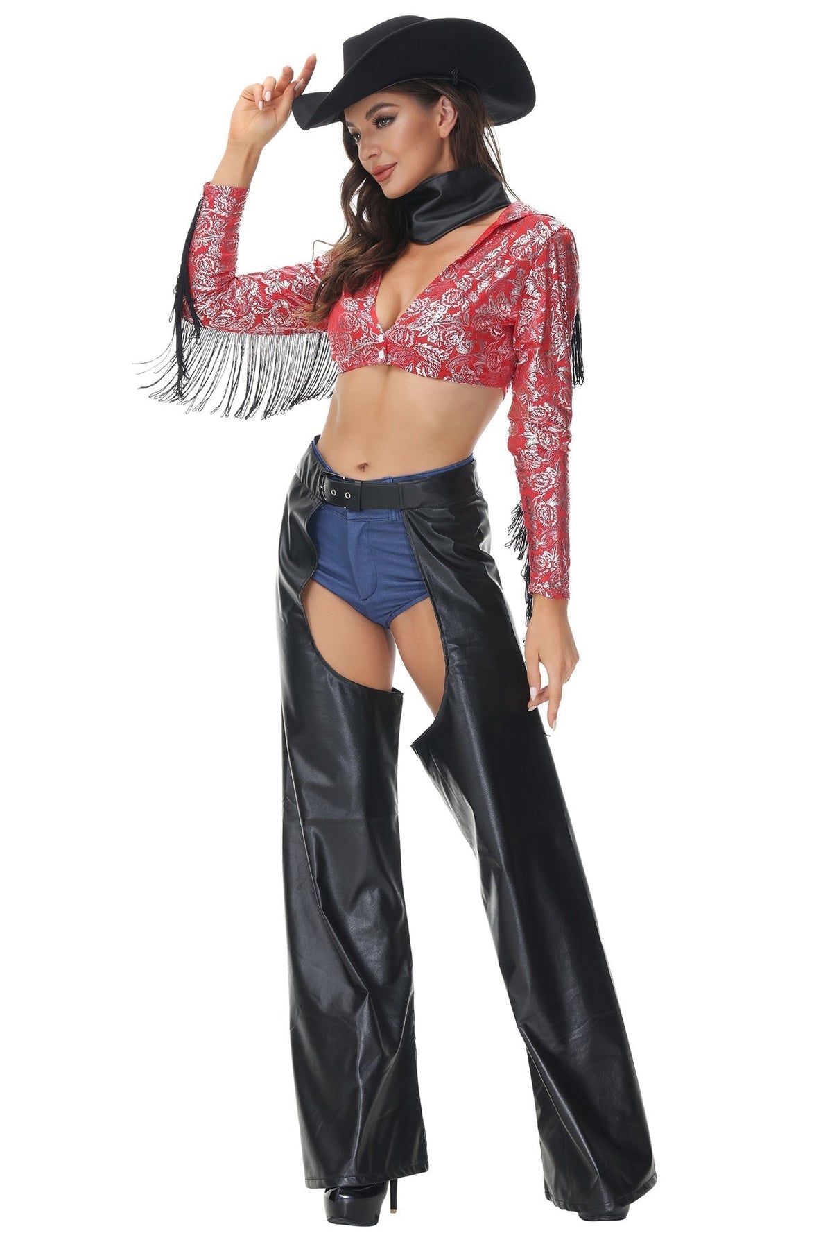 Cowgirl Costume with Red Silver Floral Top, Black Fringe, Open Side Pants, and Hat Option