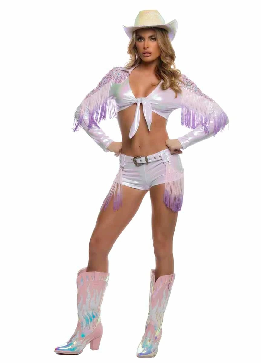 Iridescent Cowgirl Outfit with Sequin Tie Top, Ombre Fringe Shorts, and Western Buckle Belt