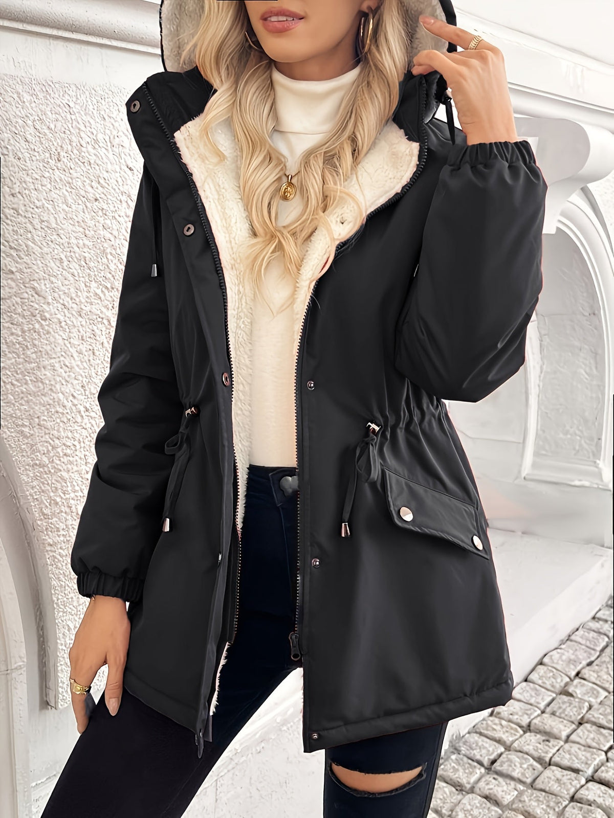 Womens Hooded Jacket with a Plush Lining, Front Zip and Snap Closure and Roomy Pockets in Black
