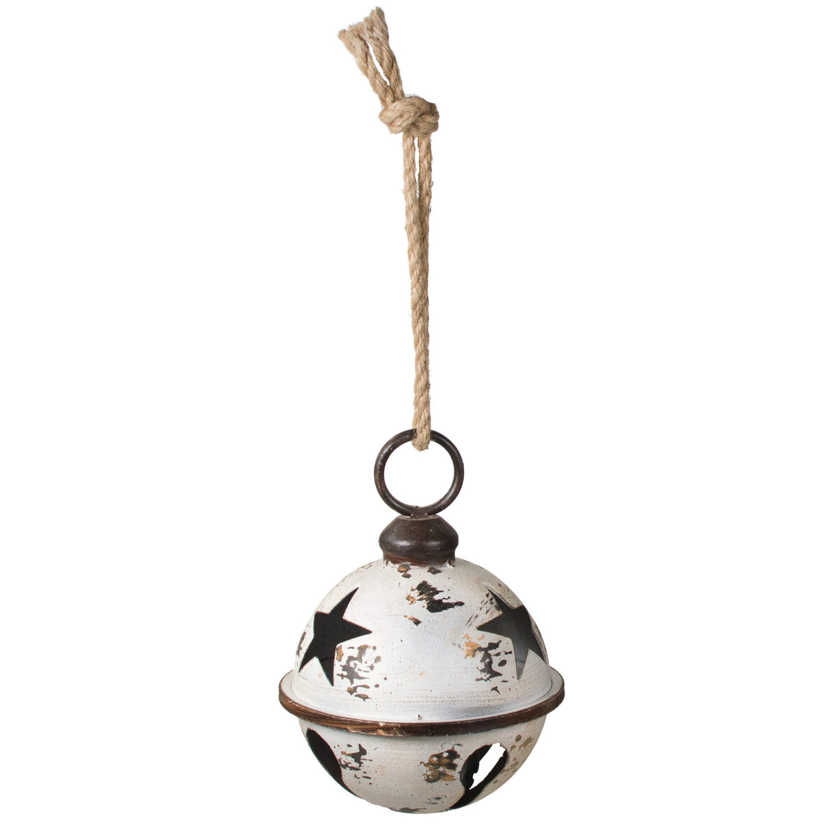 Large White Metal Jingle Bell Holiday Ornament with Star Cutouts and Hanging Jute Rope