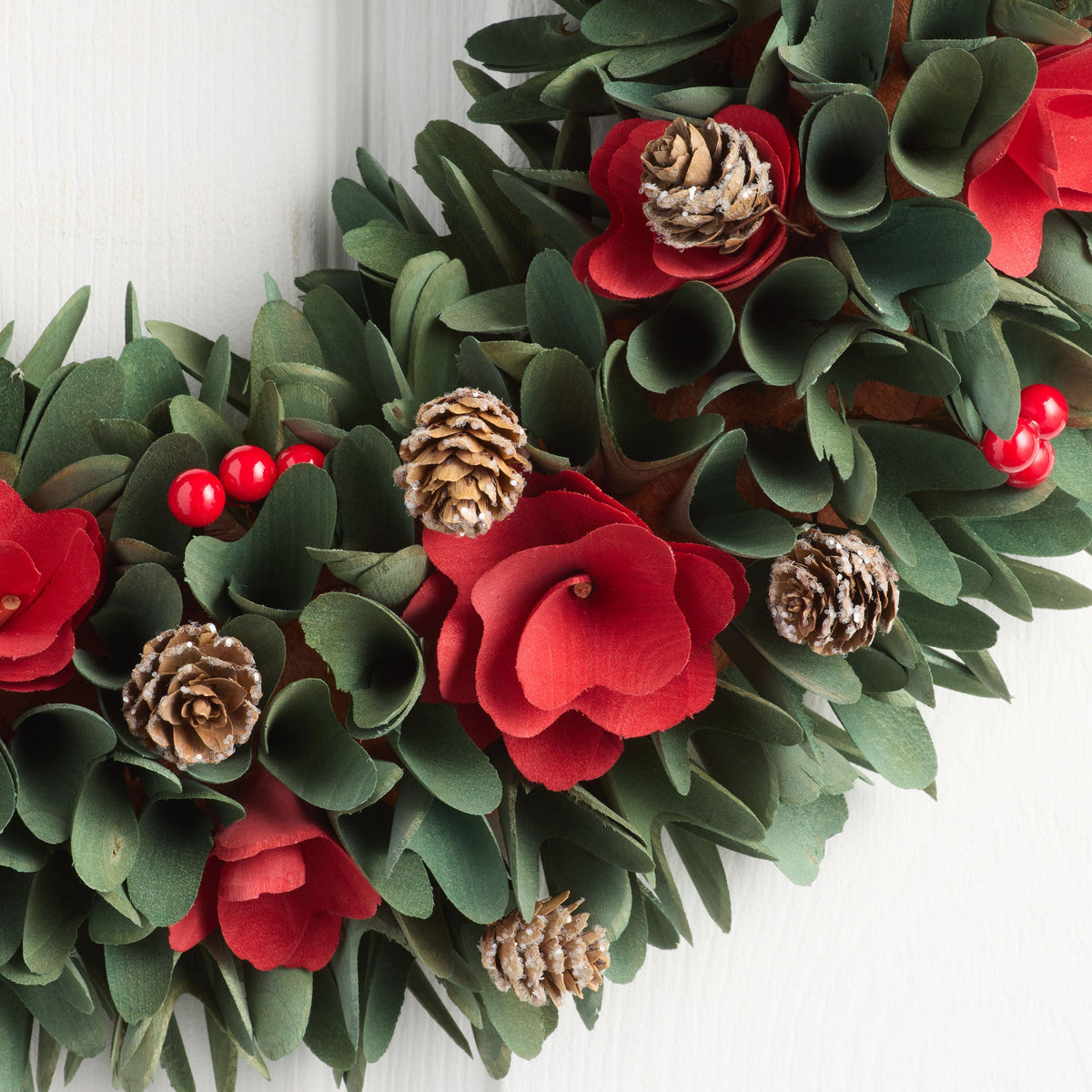 Wood Curl Christmas Wreath with Red Flowers and Pinecones, 20 Inches All Vera Mart