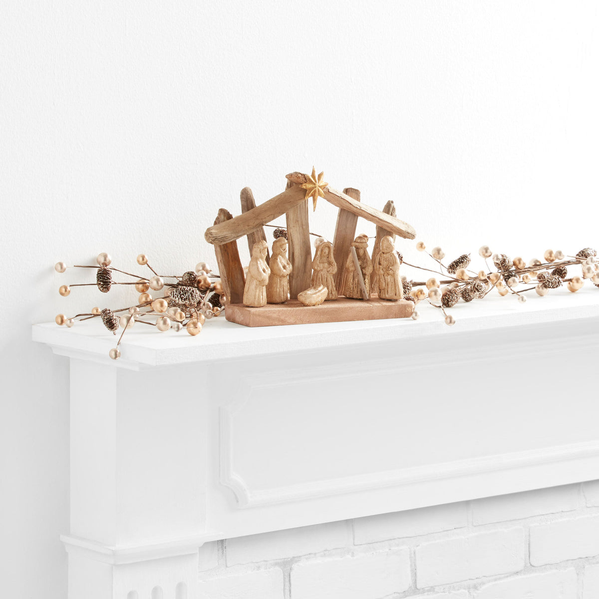 Driftwood Nativity Scene with Gold Washed Figures and Metal Star, 10 Inches Wide