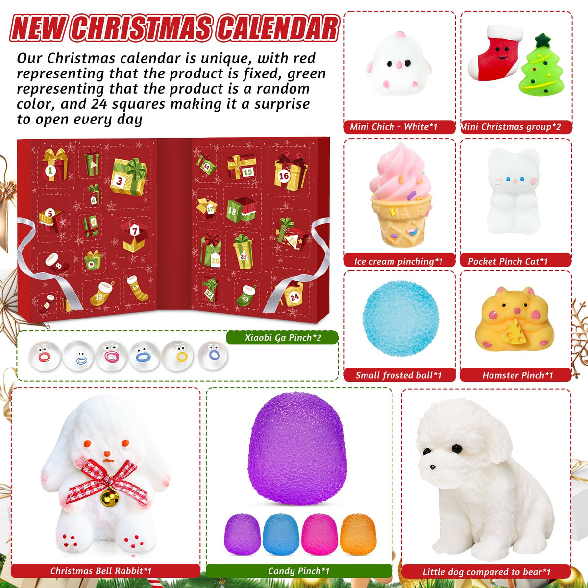 Advent Calendar with 24 Squishy Toys and Wide Display Box for Kids Ages 3+