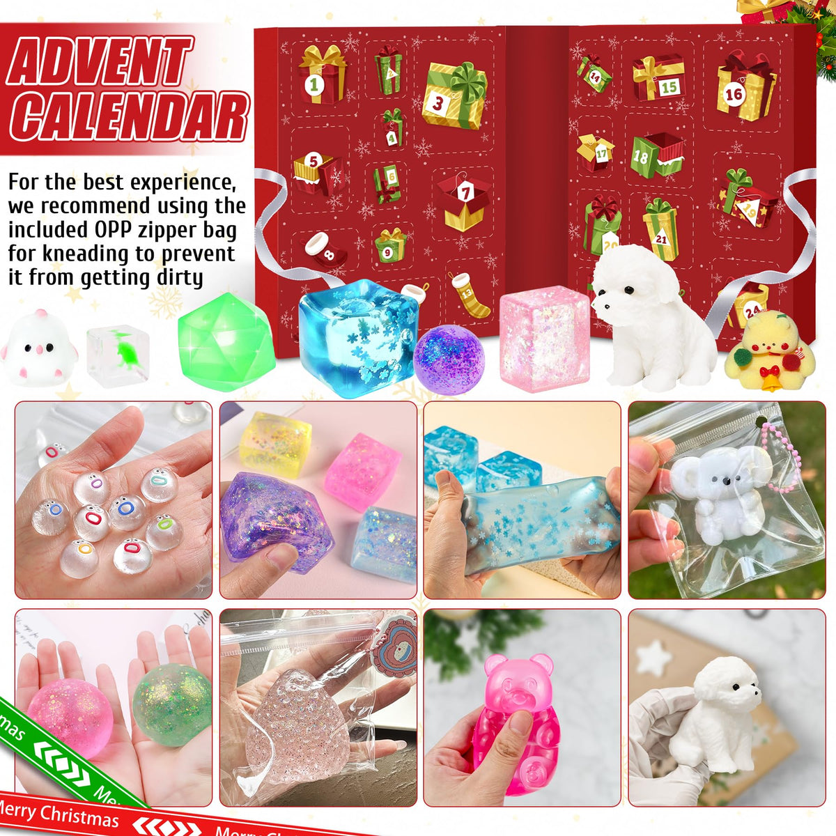 Advent Calendar with 24 Squishy Toys and Wide Display Box for Kids Ages 3+