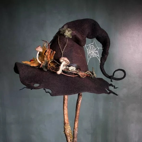 Merino Wool Witch Hat with Hand Dyed Silk Chiffon and Adjustable Fit
