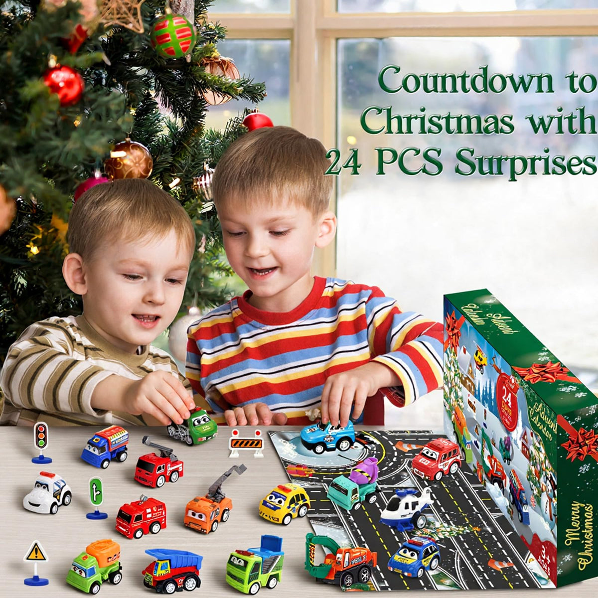 Pull Back Vehicle Advent Calendar with 21 Toy Cars and 3 Traffic Sign Sets