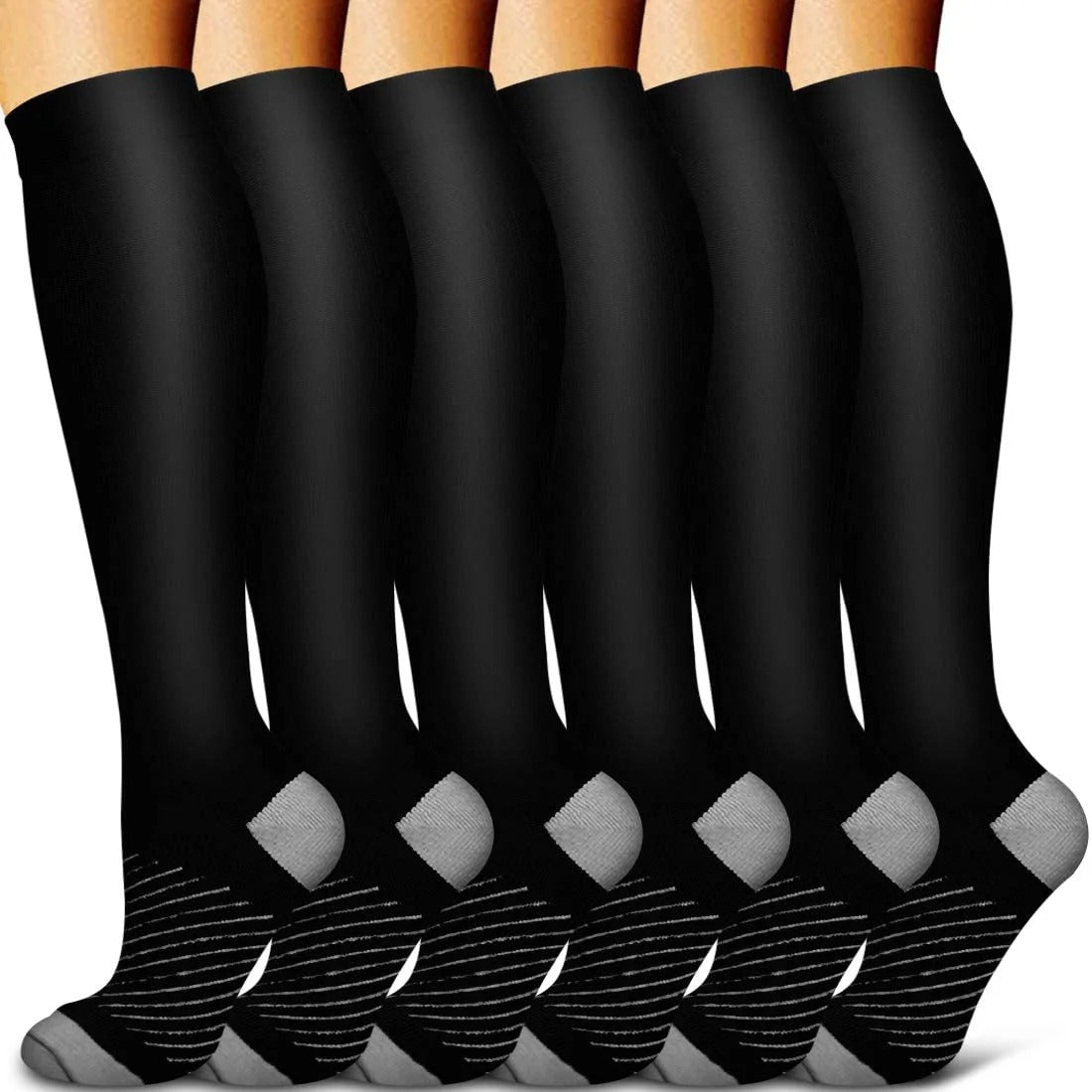 Graduated Compression Socks with Nylon Spandex Blend and Reinforced Heel, 6 Pair Pack