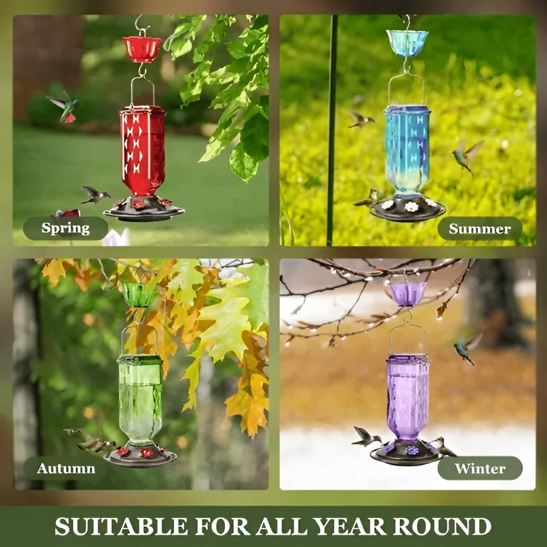 Glass Hummingbird Feeder with Six Feeding Ports and Built-in Ant Moat, 24oz
