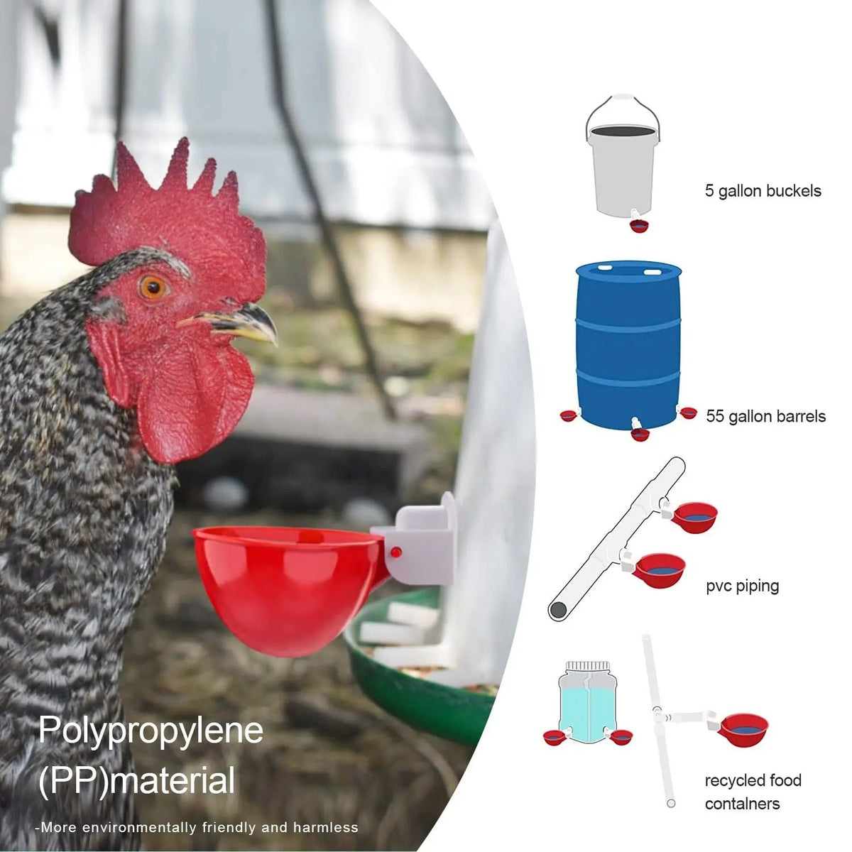 Gravity Chicken Waterer Cups with Spring Valve and Rubber Seals, 10-Pack