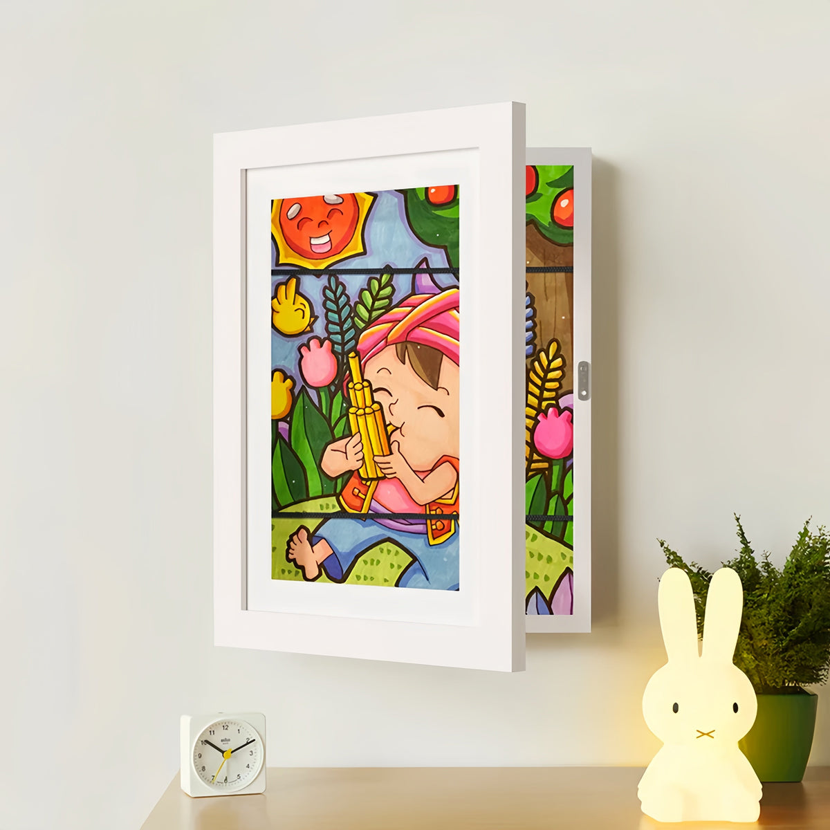 Wall Mount Artwork Display Frame with Magnetic Latch and Storage for 150 Drawings