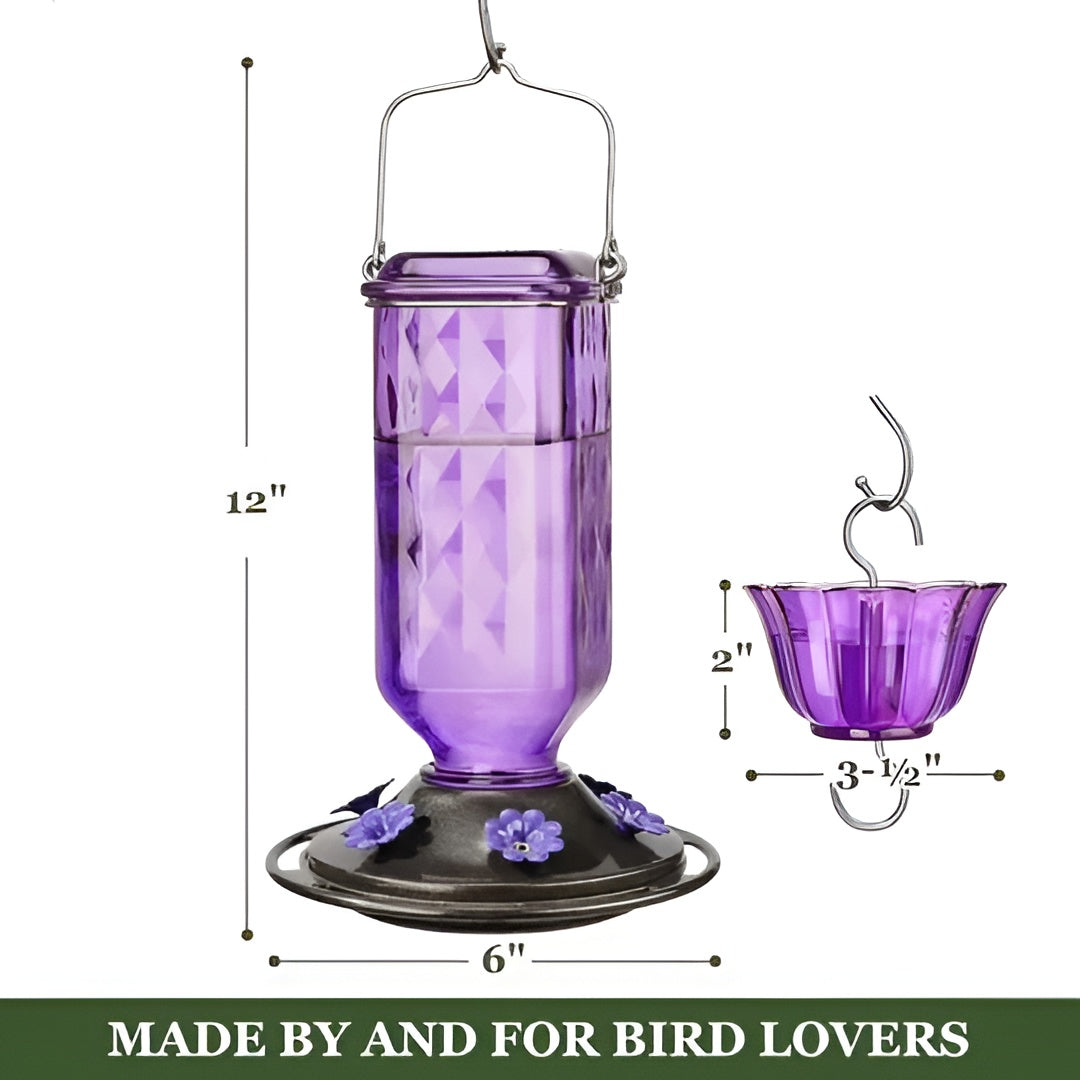 Glass Hummingbird Feeder with Six Feeding Ports and Built-in Ant Moat, 24oz