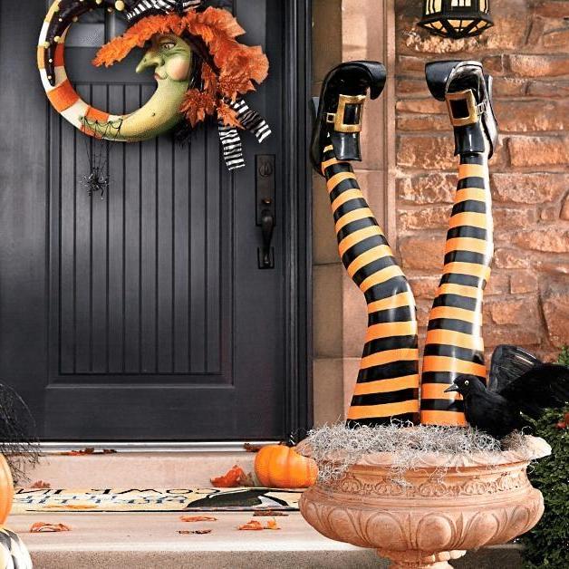 Witch Leg Garden Stakes with Orange and Purple Stripes, Set of 2 Pairs