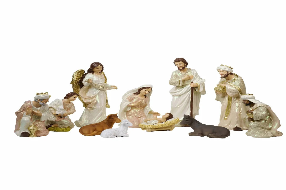 Eleven Piece Blush Pink and Ivory Nativity Set with a Gloria Banner Angel and a Pearlized Finish in Three Sizes