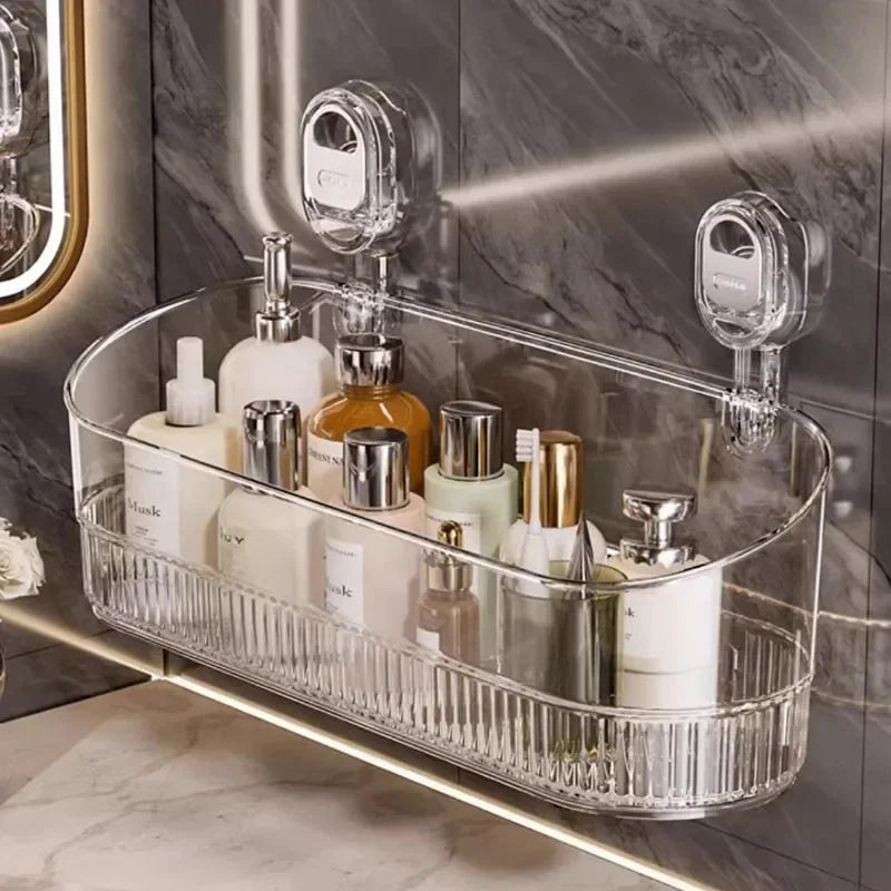 Wall-Mounted Suction Cup Bathroom Storage Rack with Open Basket Design