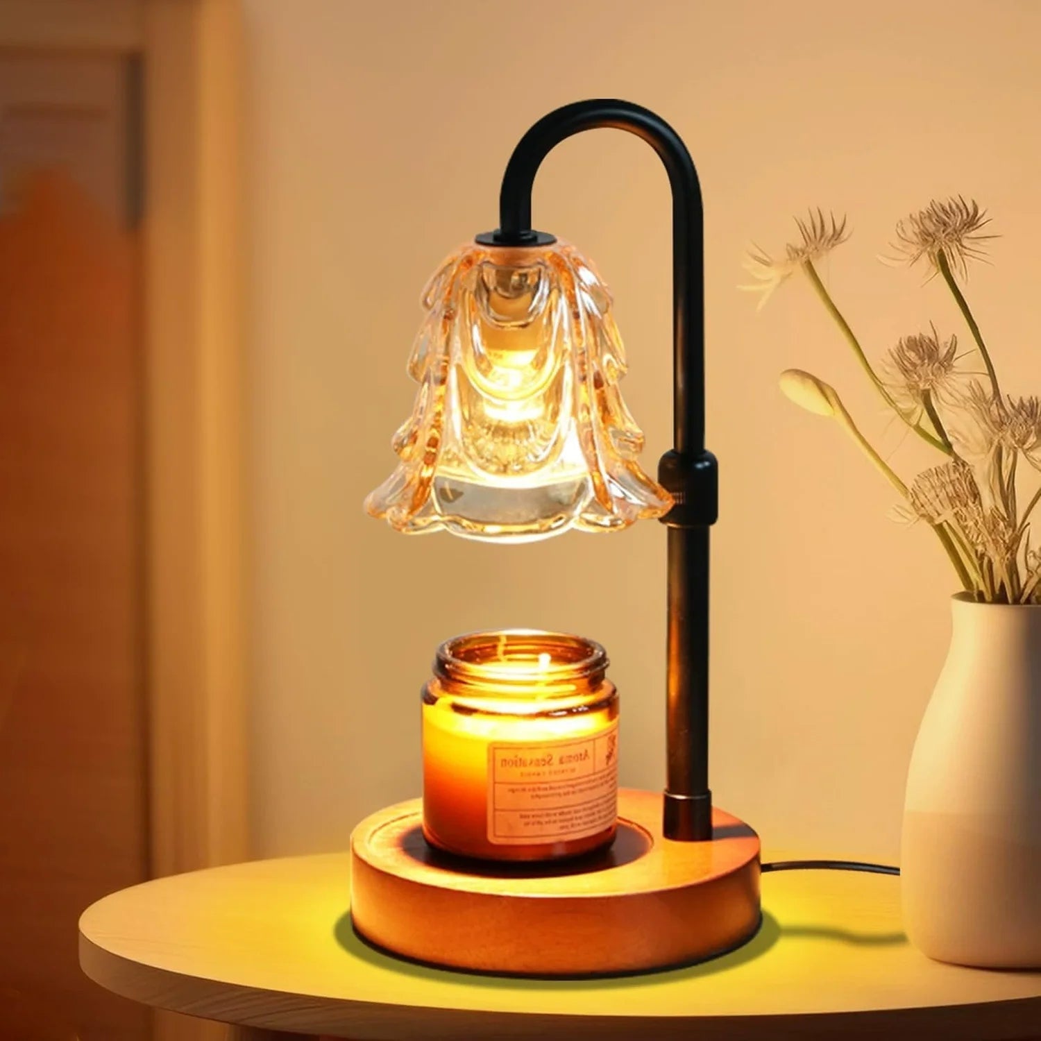 Candle Warmer Lamp with Four Level Brightness and Adjustable Height, Flower Glass Shade
