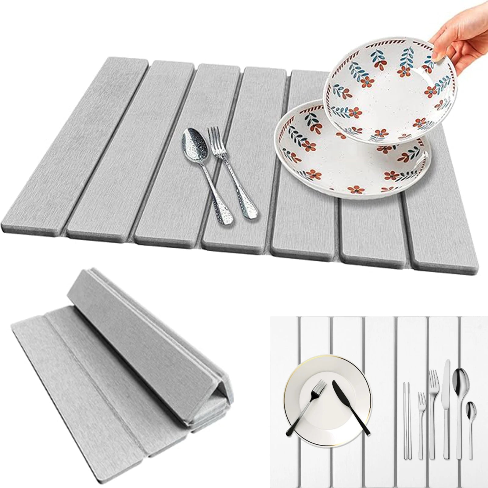 Absorbent Diatomite Stone Dish Drying Mat with Nonslip Rubber Base and Foldable Design