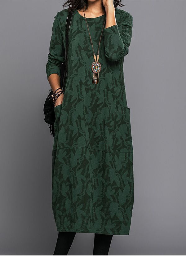 Dress with Long Sleeves and Deep Side Pockets, Floral Cotton Blend