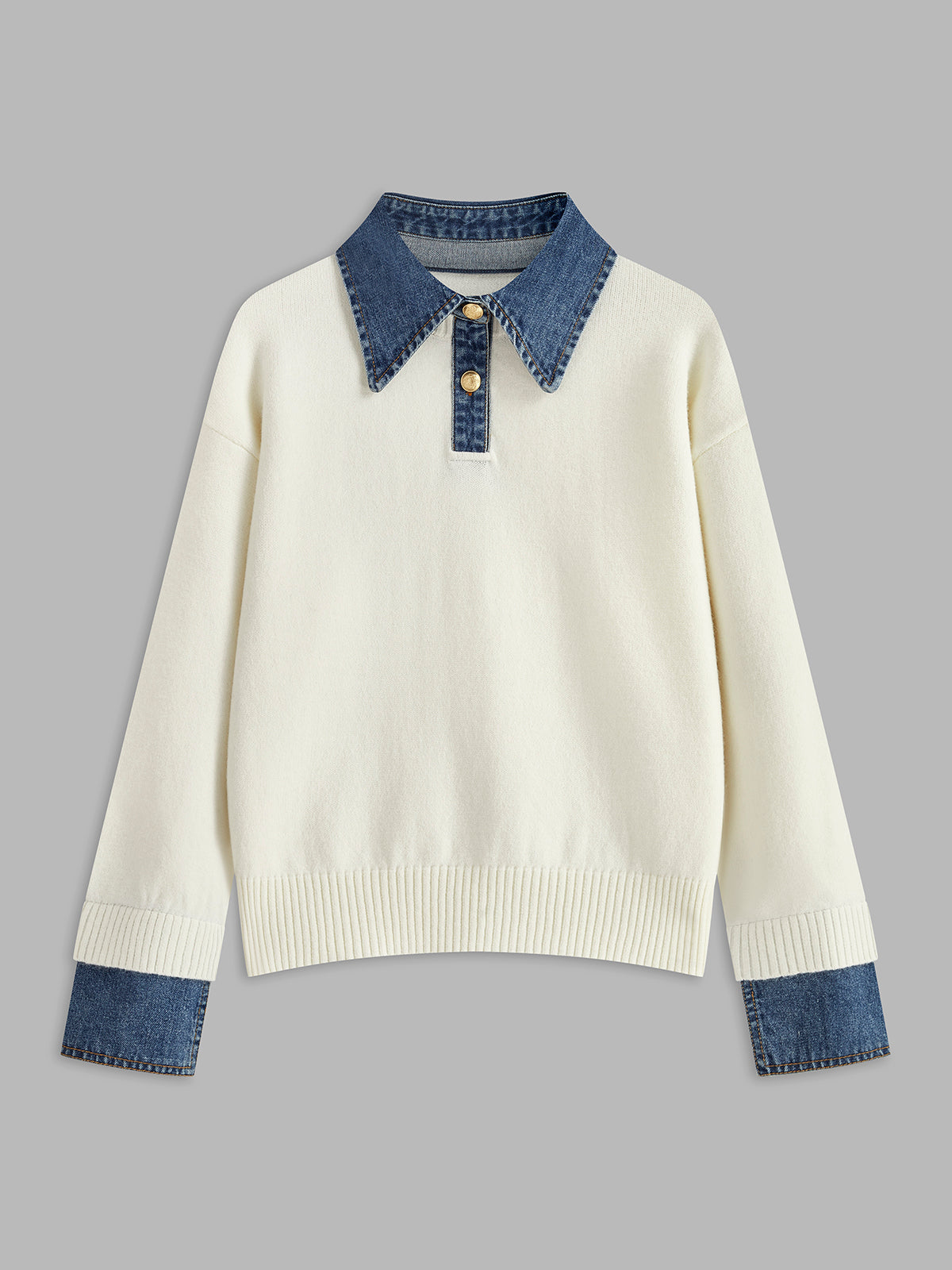 Button Front Sweater with Denim Collar and Metal Buttons, Shift Fit