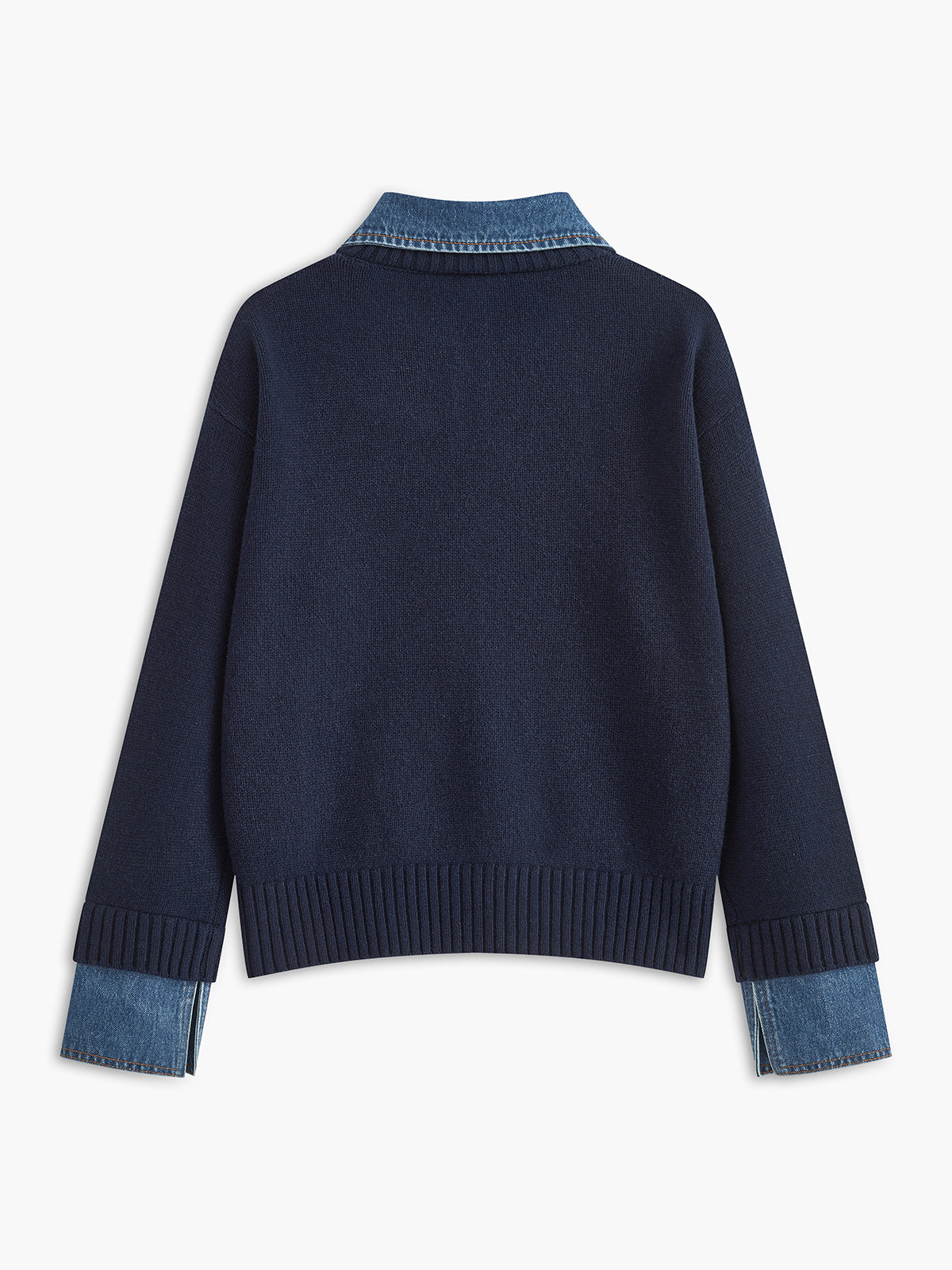 Button Front Sweater with Denim Collar and Metal Buttons, Shift Fit