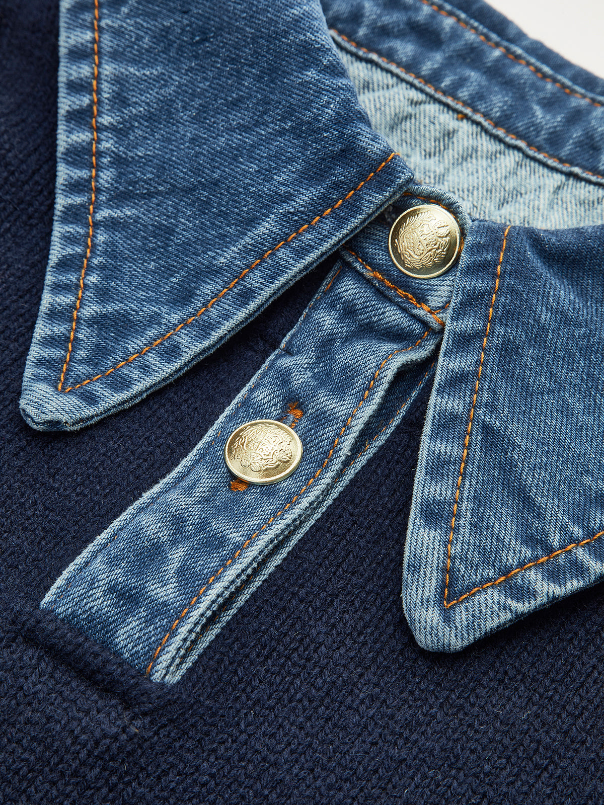 Button Front Sweater with Denim Collar and Metal Buttons, Shift Fit