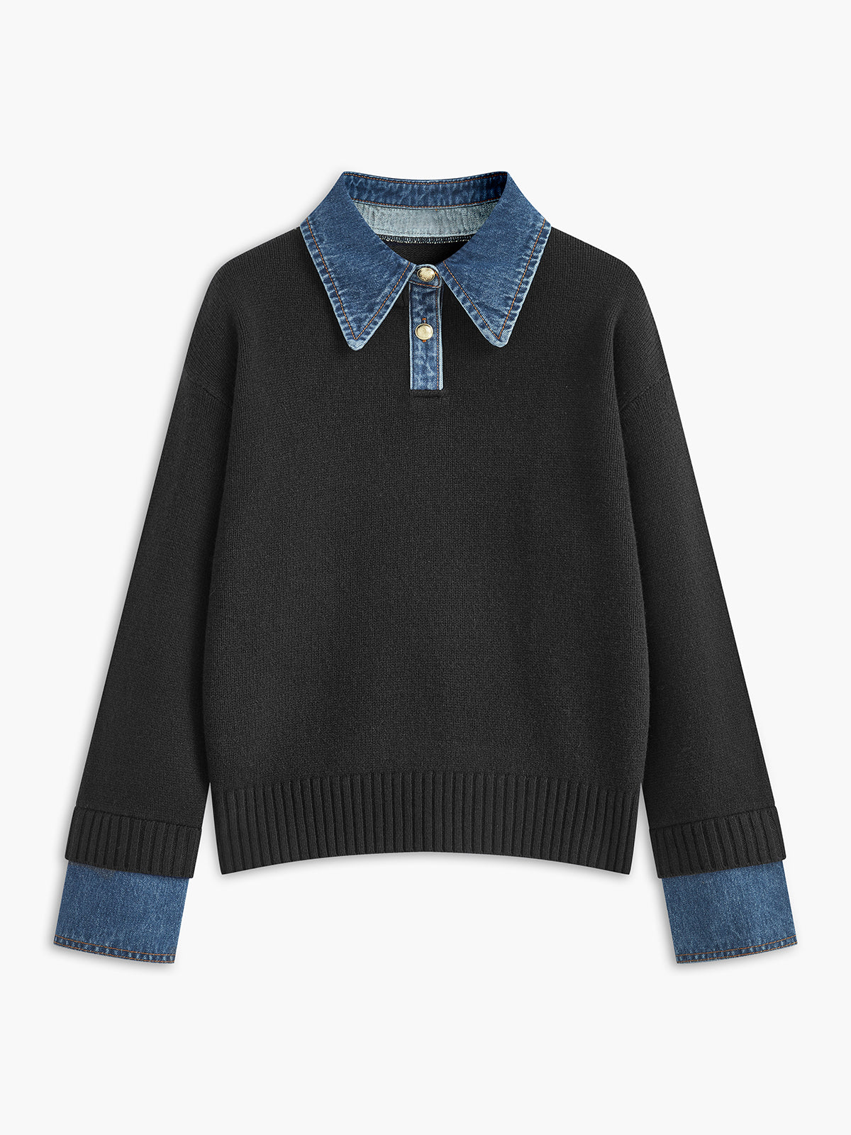 Button Front Sweater with Denim Collar and Metal Buttons, Shift Fit