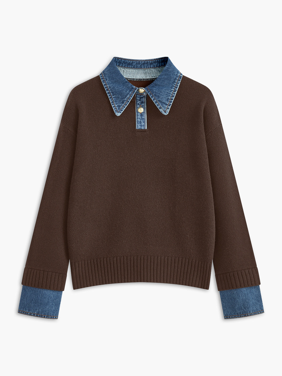 Button Front Sweater with Denim Collar and Metal Buttons, Shift Fit