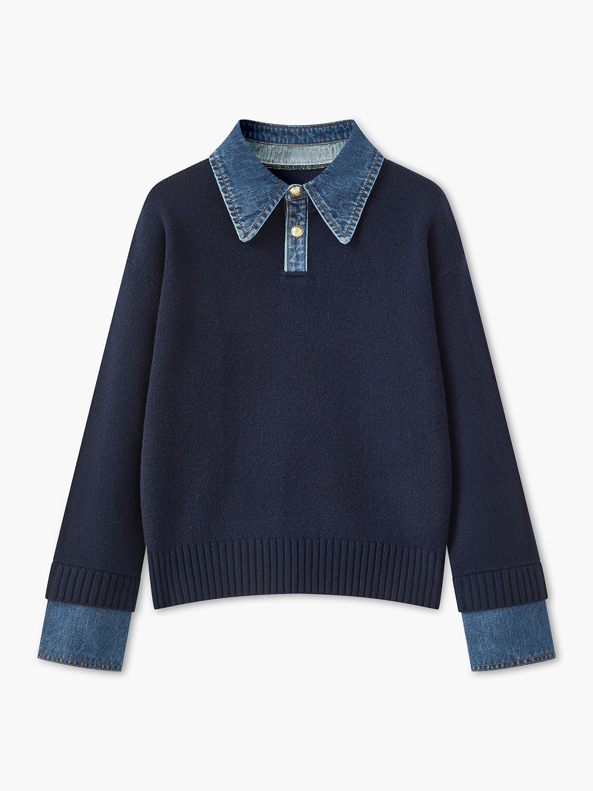 Button Front Sweater with Denim Collar and Metal Buttons, Shift Fit