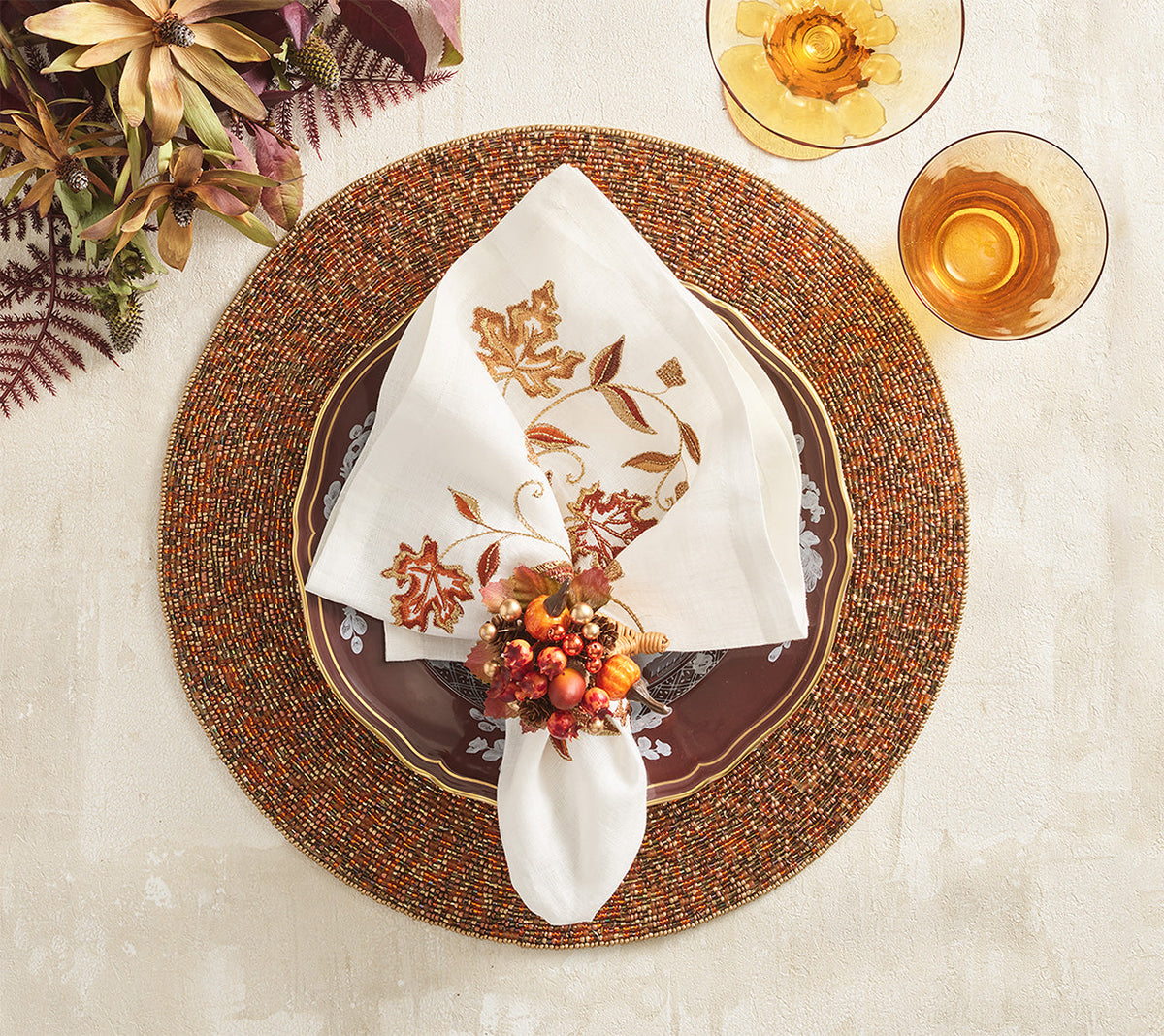 Harvest Napkin Ring with Raised Pumpkins and Berries, Set of 4