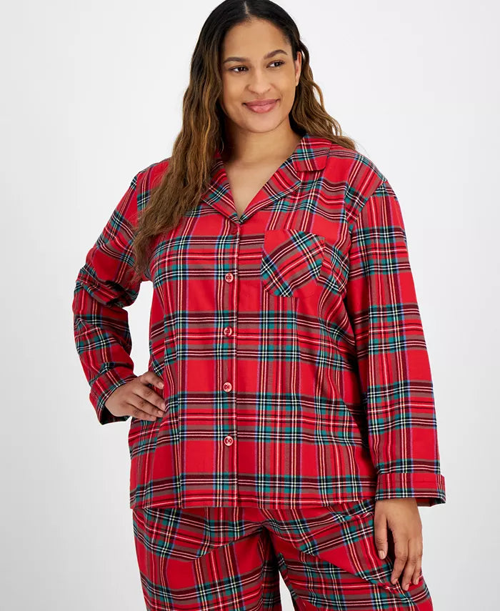 Flannel Pajama Set with Plaid Pattern and Drawstring Waist, Machine Washable