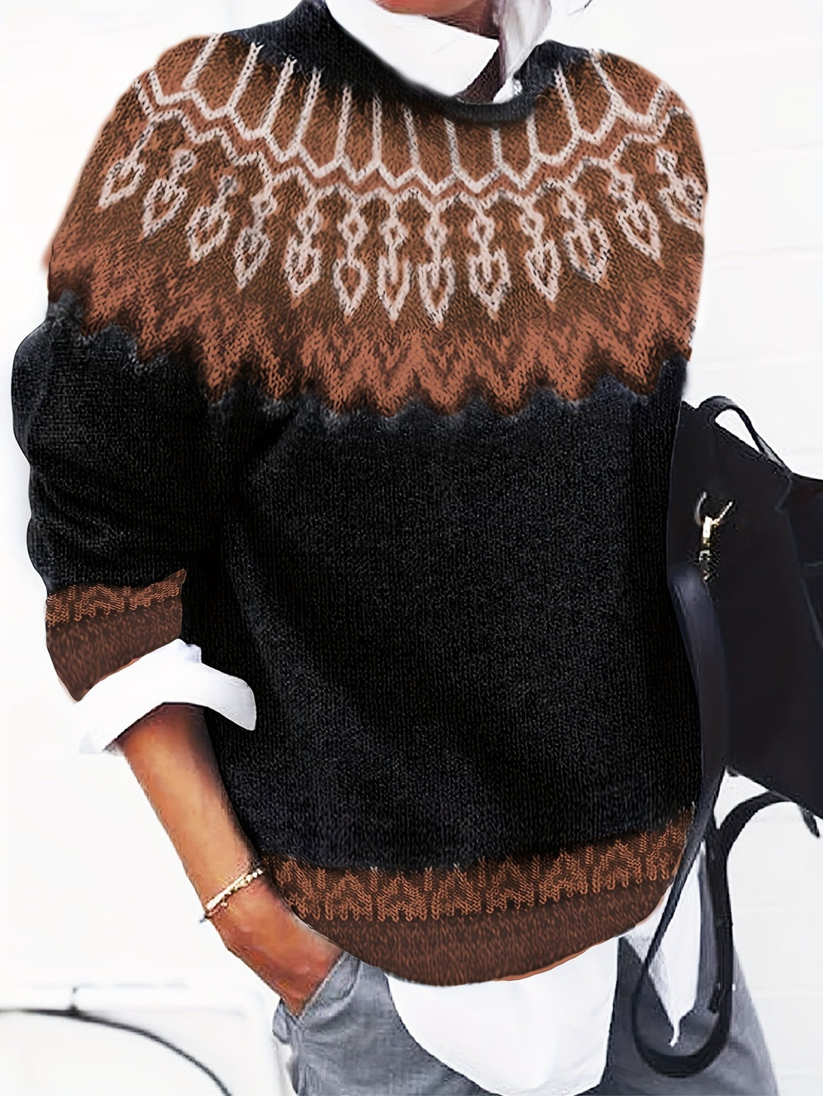 Womens Chunky Jacquard Round Neck Sweater with a Nature Inspired Pattern in Eight Colors
