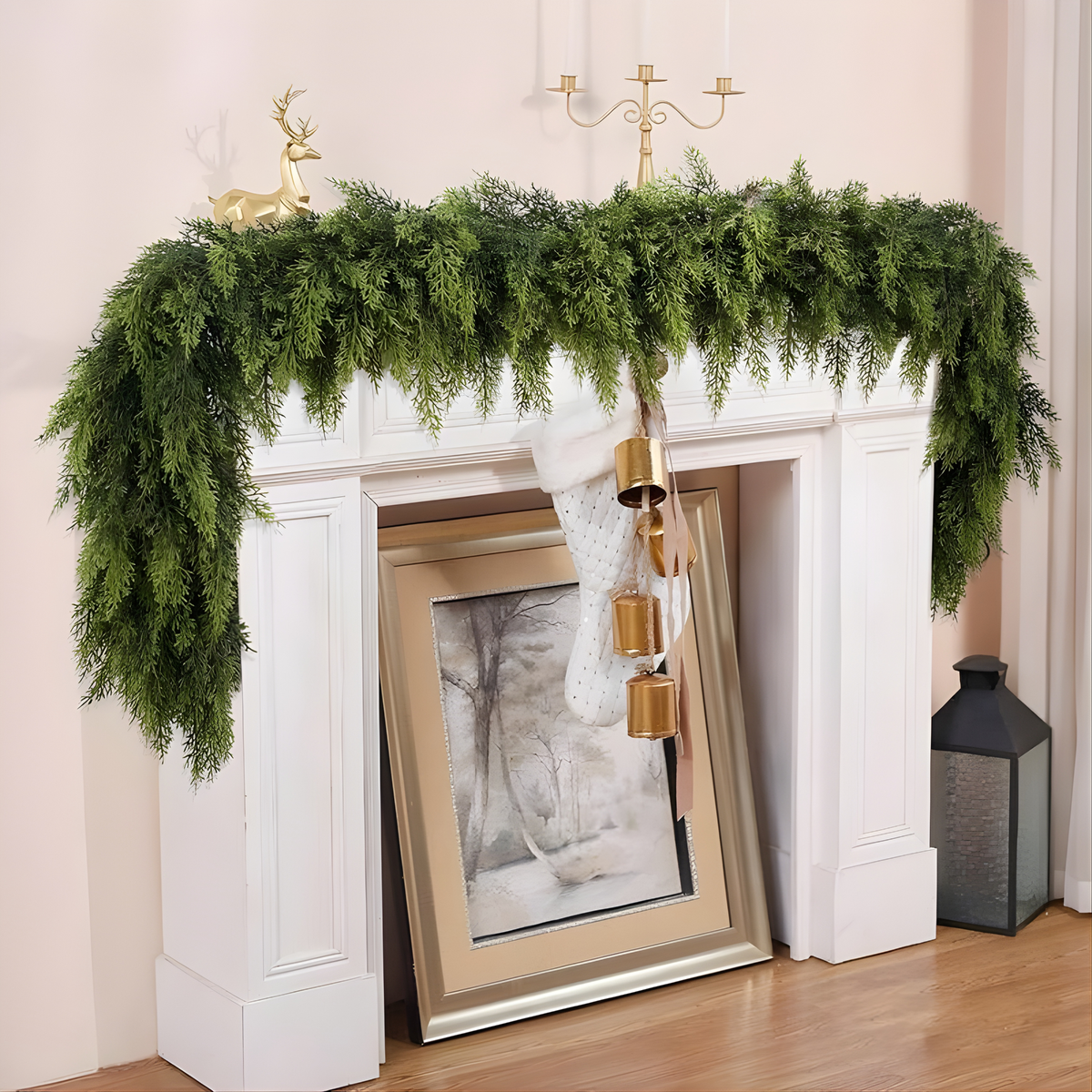 Two Piece Artificial Cedar Garland Set with Hand Tied Hanging Loops, Six Feet Long Each for Stairs and Mantels