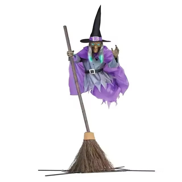 Witch Yard Decoration 6 Foot Tall with Floating Broom Effect and Scary Face Details