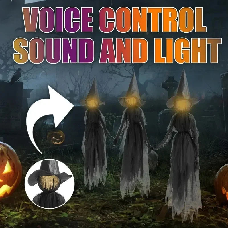 Glowing Witch Figures with Sound Activation and Flickering Lights, 59in Tall