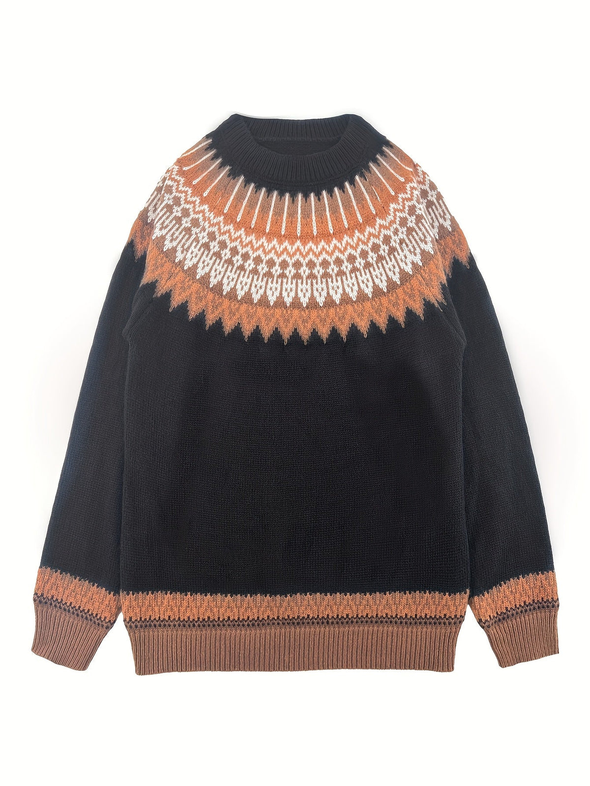 Womens Chunky Jacquard Round Neck Sweater with a Nature Inspired Pattern in Eight Colors
