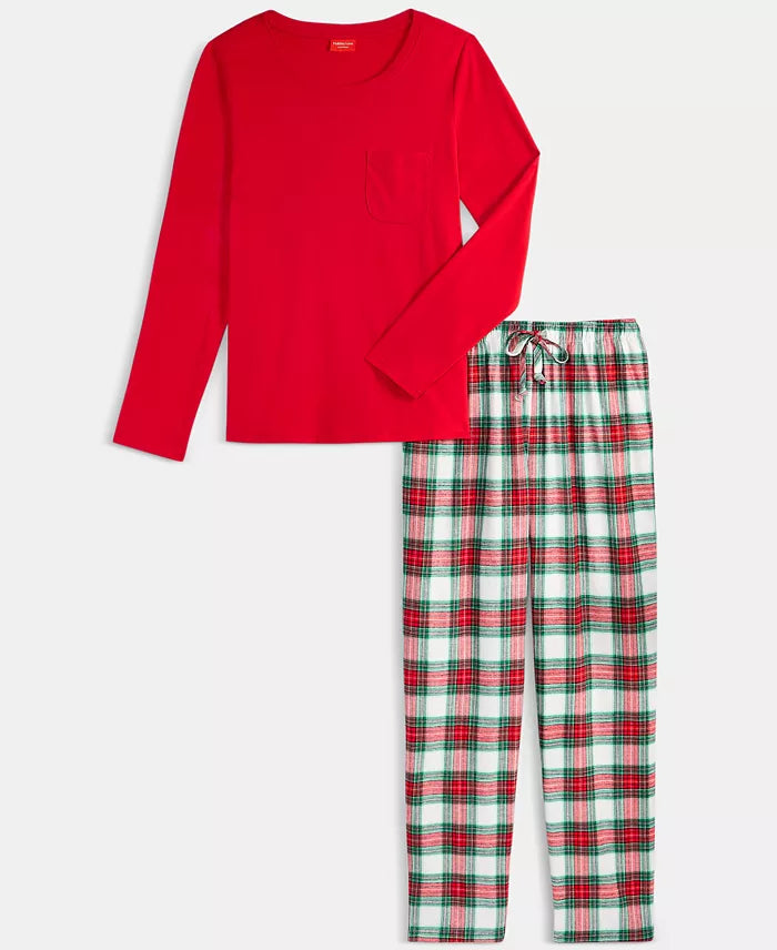 Women's Flannel Pajama Top and Pants with Plaid Design, Side Pockets