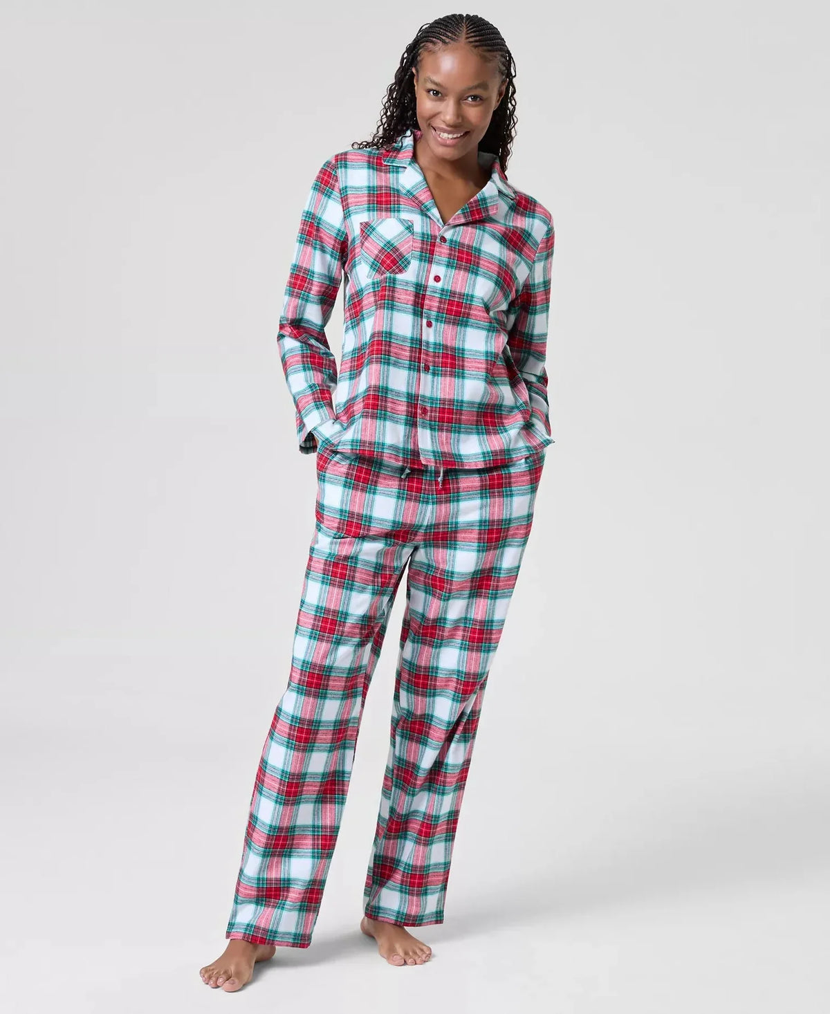 Cotton Plaid Pajamas with Button Front Top and Drawstring Waist, Chest Pocket
