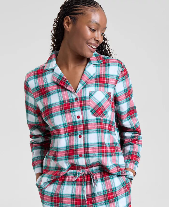 Cotton Plaid Pajamas with Button Front Top and Drawstring Waist, Chest Pocket