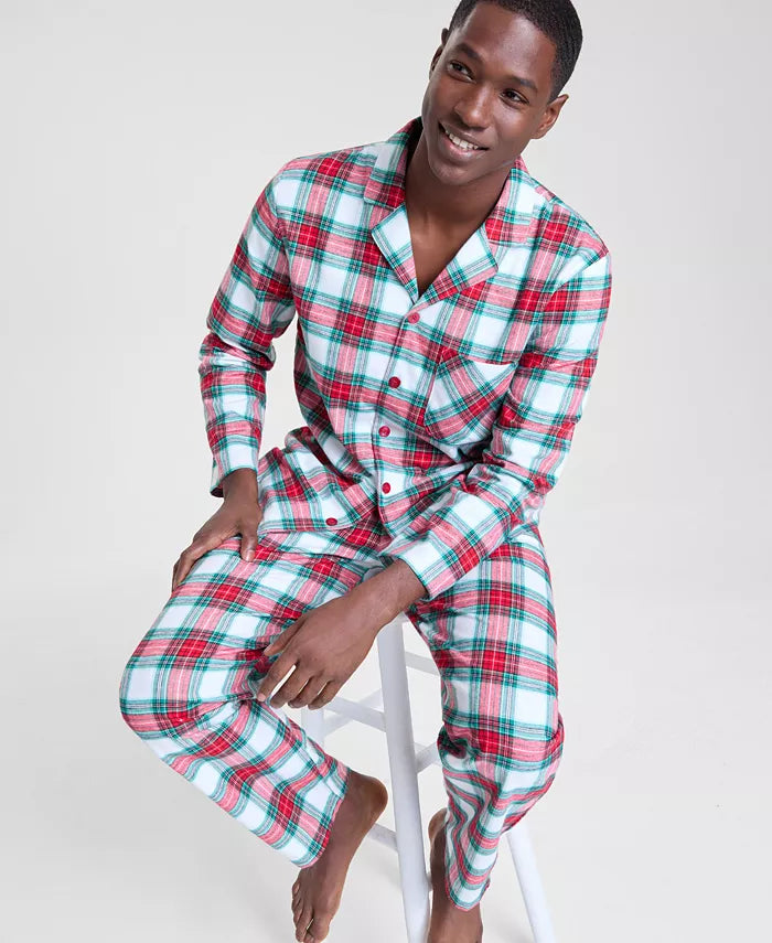 Plaid Pajama Set with Button Front Top and Drawstring Pants, Side Pockets