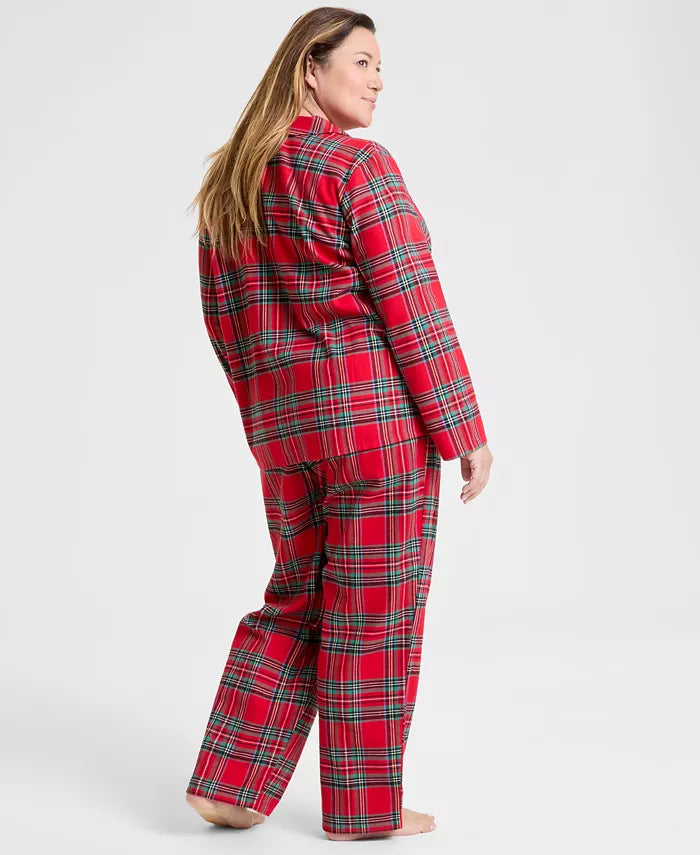 Flannel Pajama Set with Plaid Pattern and Drawstring Waist, Machine Washable