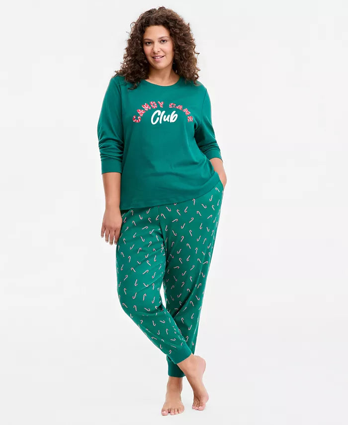 Holiday Print Pajama Set with Long Sleeves and Elastic Waistband, Side Pockets