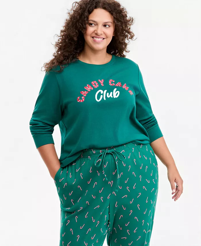 Holiday Print Pajama Set with Long Sleeves and Elastic Waistband, Side Pockets